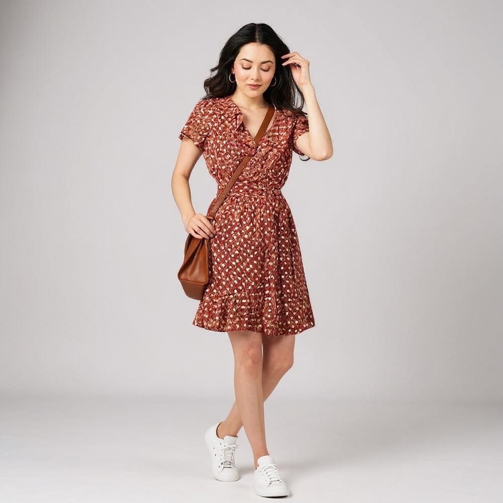 Floral Ruffle Wrap Dress - Red - Picture 3 of 16